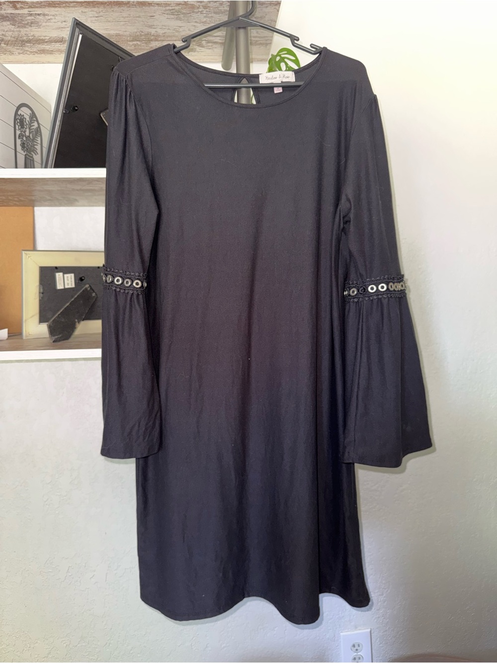 Black Long-Sleeve Bell-Sleeve Dress with Eyelet Trim